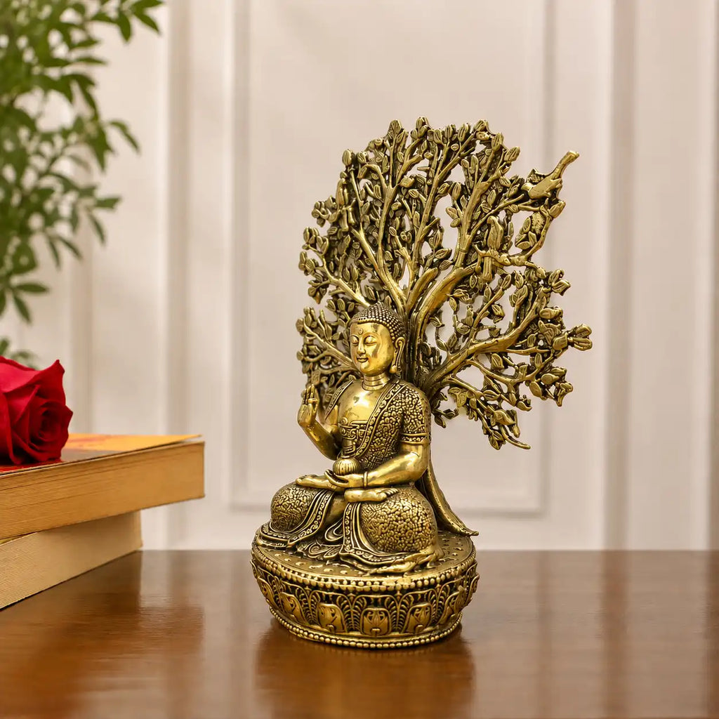 Brass Lightweight Buddha Statue With Tree (6.5 Inch) Vedansh Craft