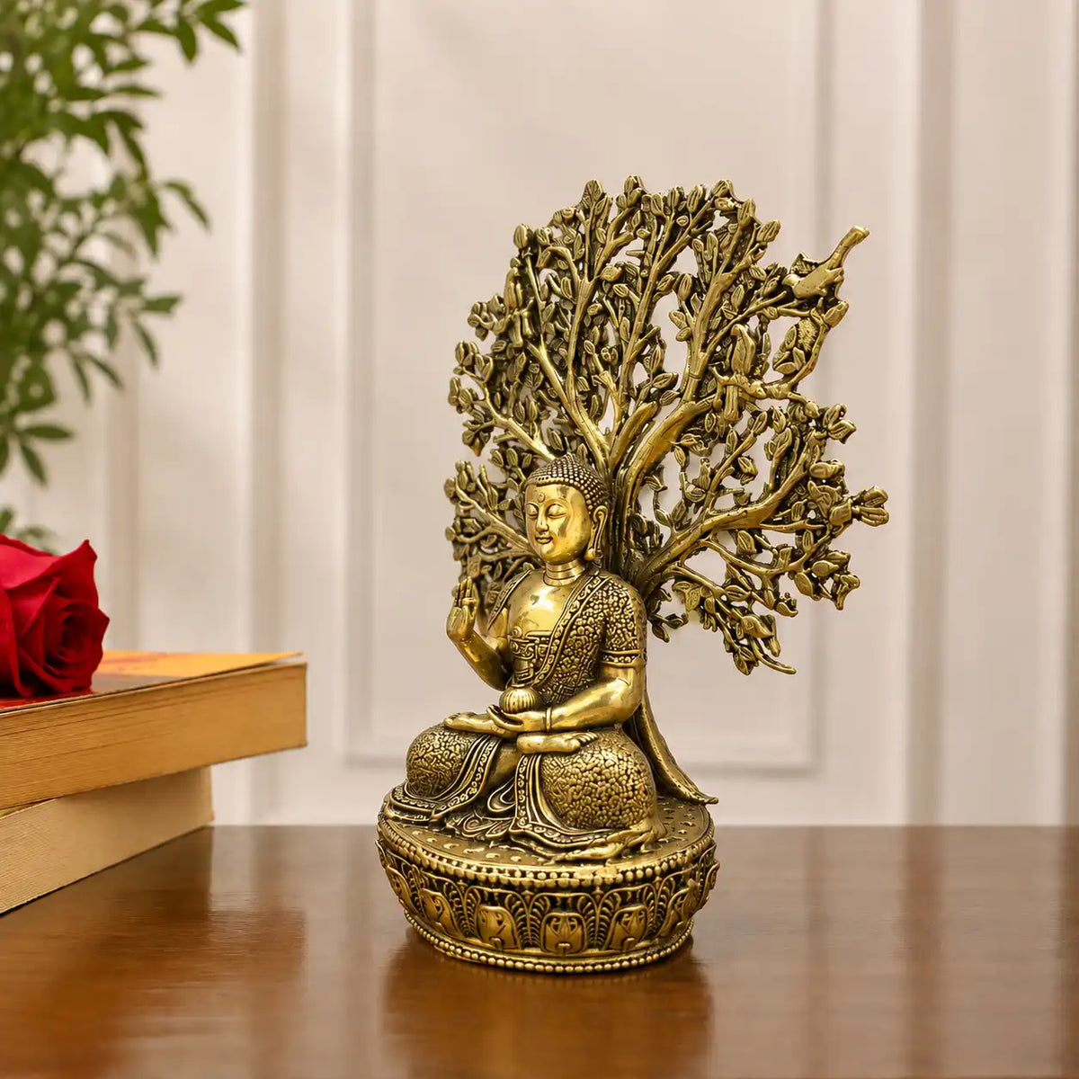 Brass Lightweight Buddha Statue With Tree (6.5 Inch) Vedansh Craft