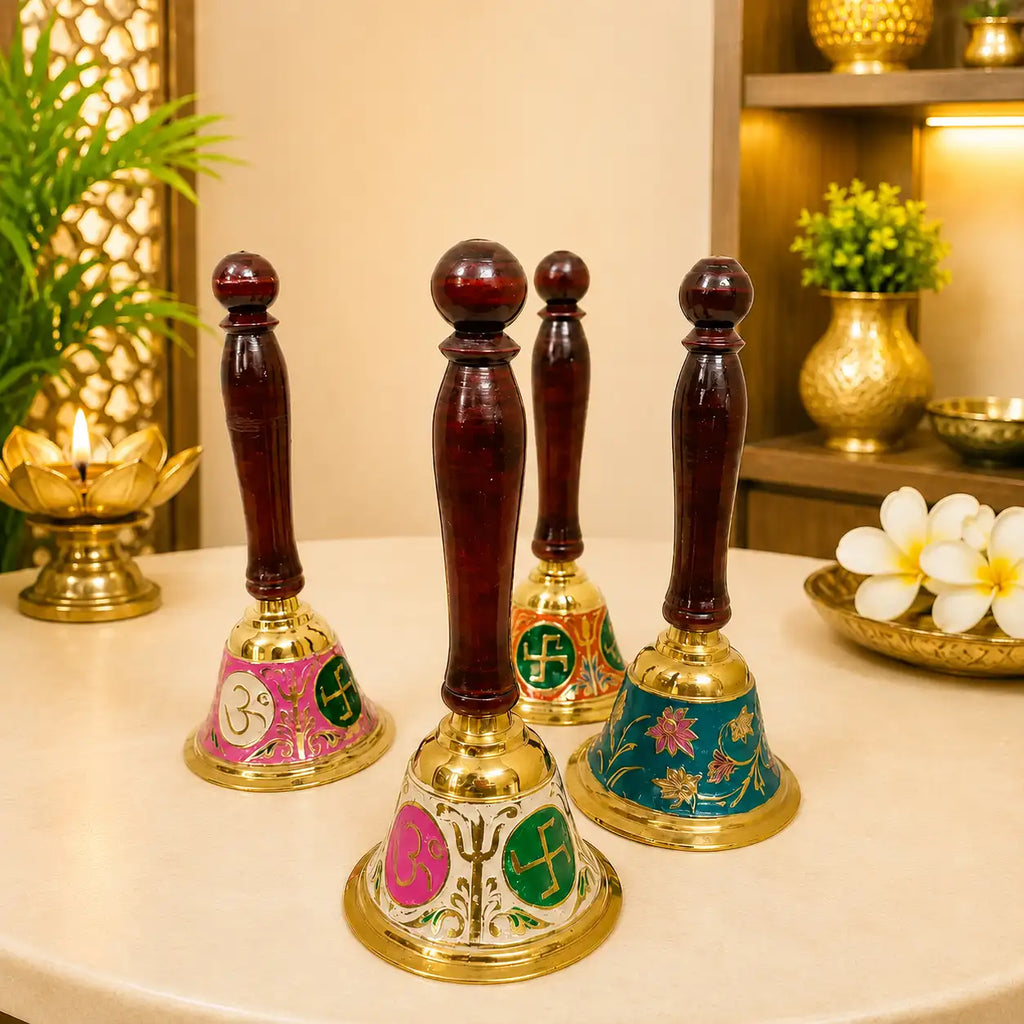 Brass Hand Painted Meenakari Handbell With Wooden Handle (7.5 Inch) Vedansh Craft