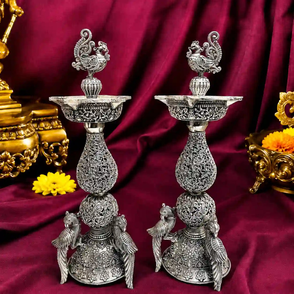 Brass Silver Plated Lightweight Peacock Samai/Lamp Pair Vedansh Craft
