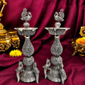 Brass Silver Plated Lightweight Peacock Samai/Lamp Pair Vedansh Craft