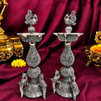 Brass Silver Plated Lightweight Peacock Samai/Lamp Pair Vedansh Craft