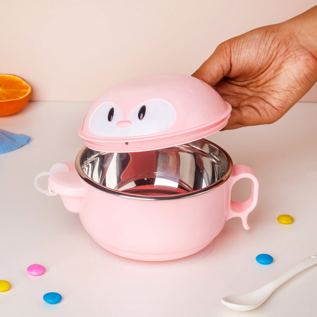 Steel Food Bowl With Heating Water Chamber Pink 400 ml Nestasia