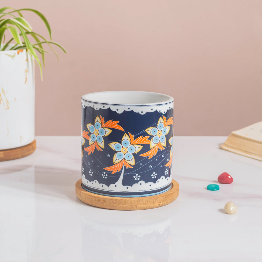 Bloom Fiesta Botanical Planter Blue With Wooden Coaster Nestasia