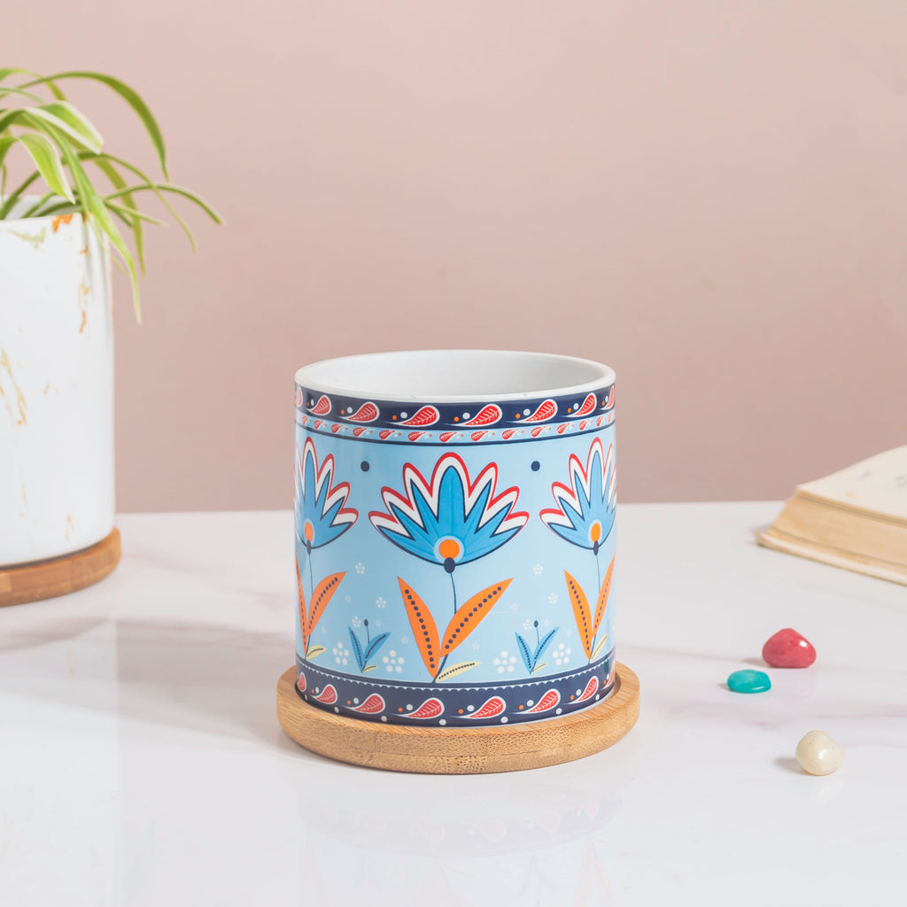 Cerulean Bloom Botanical Planter With Wooden Coaster Nestasia