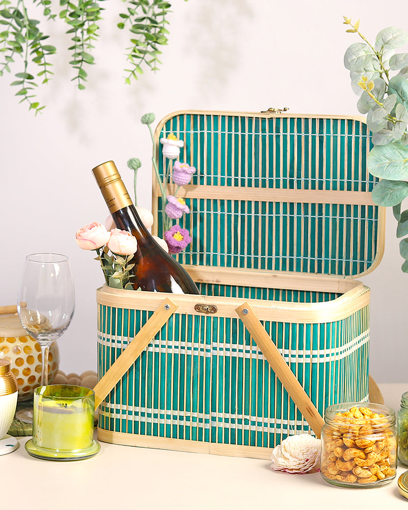 Rustic Bamboo Picnic Basket with Lid for Family Lunch & Travel