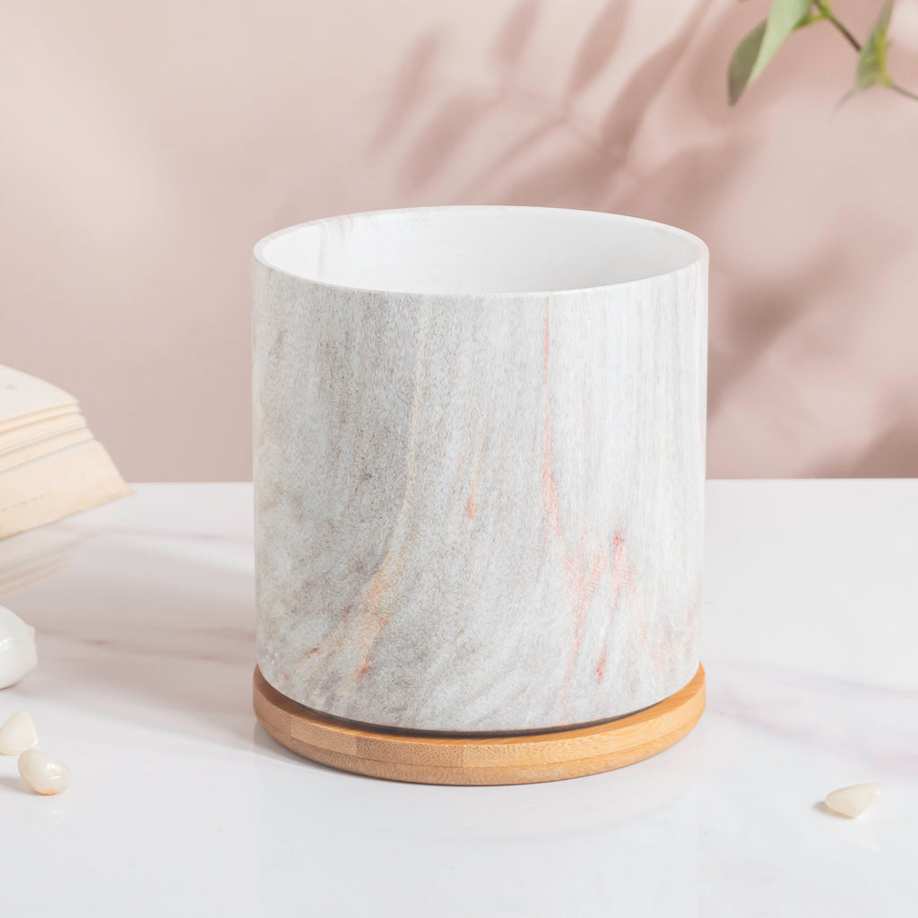 Carrara Ceramic Gold Detailed Planter With Wooden Coaster Nestasia