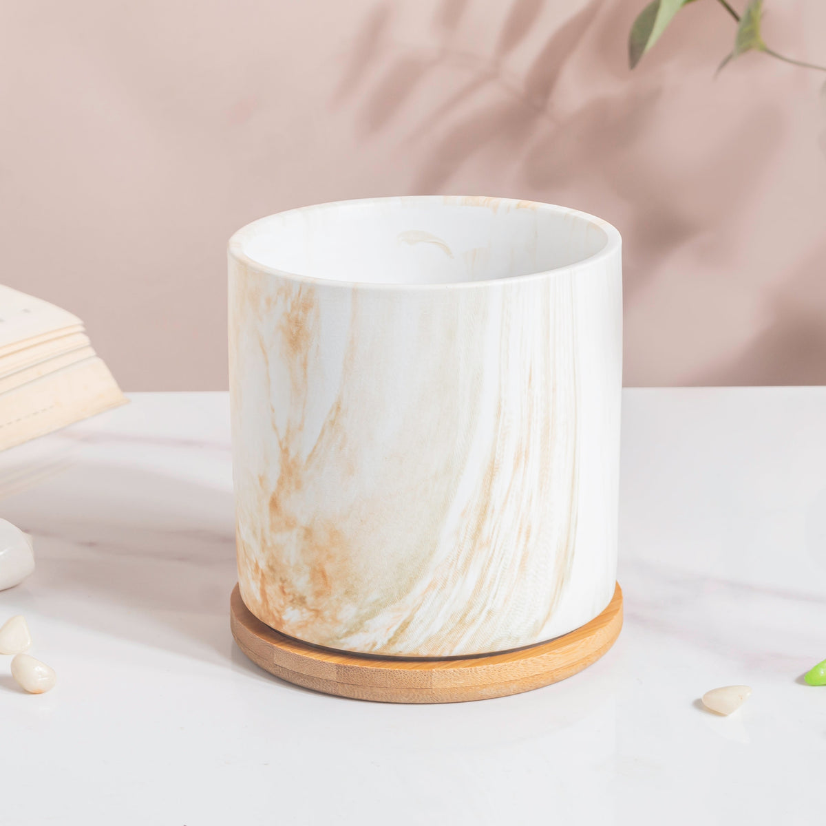 Carrara Brown Splash White Planter With Wooden Coaster Nestasia