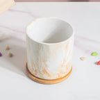 Carrara Brown Splash White Planter With Wooden Coaster Nestasia