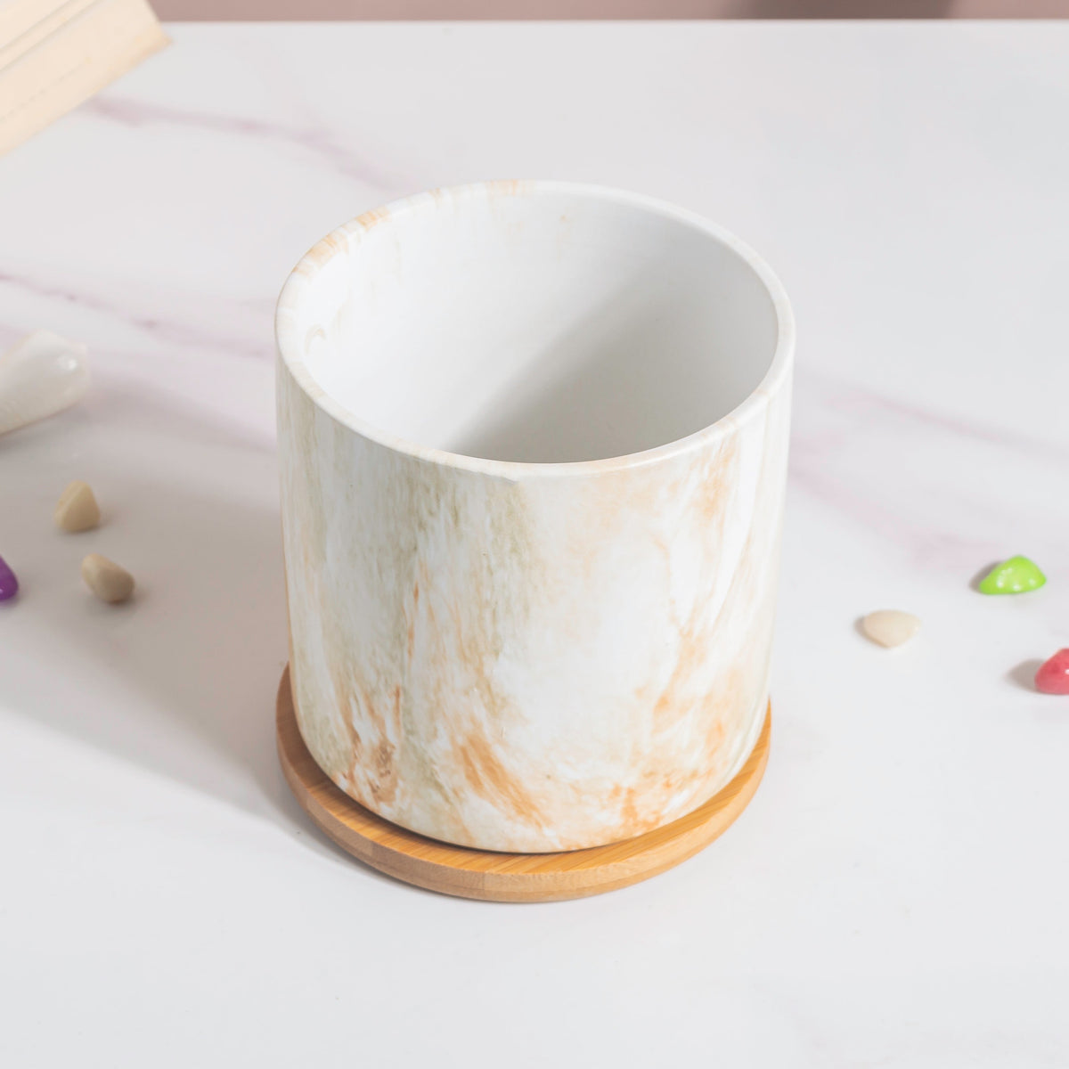 Carrara Brown Splash White Planter With Wooden Coaster Nestasia