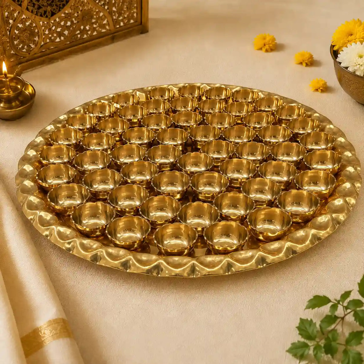 Brass Chappan Bhog Thali With 56 Prasad Bowls Set (23 Inch) Vedansh Craft