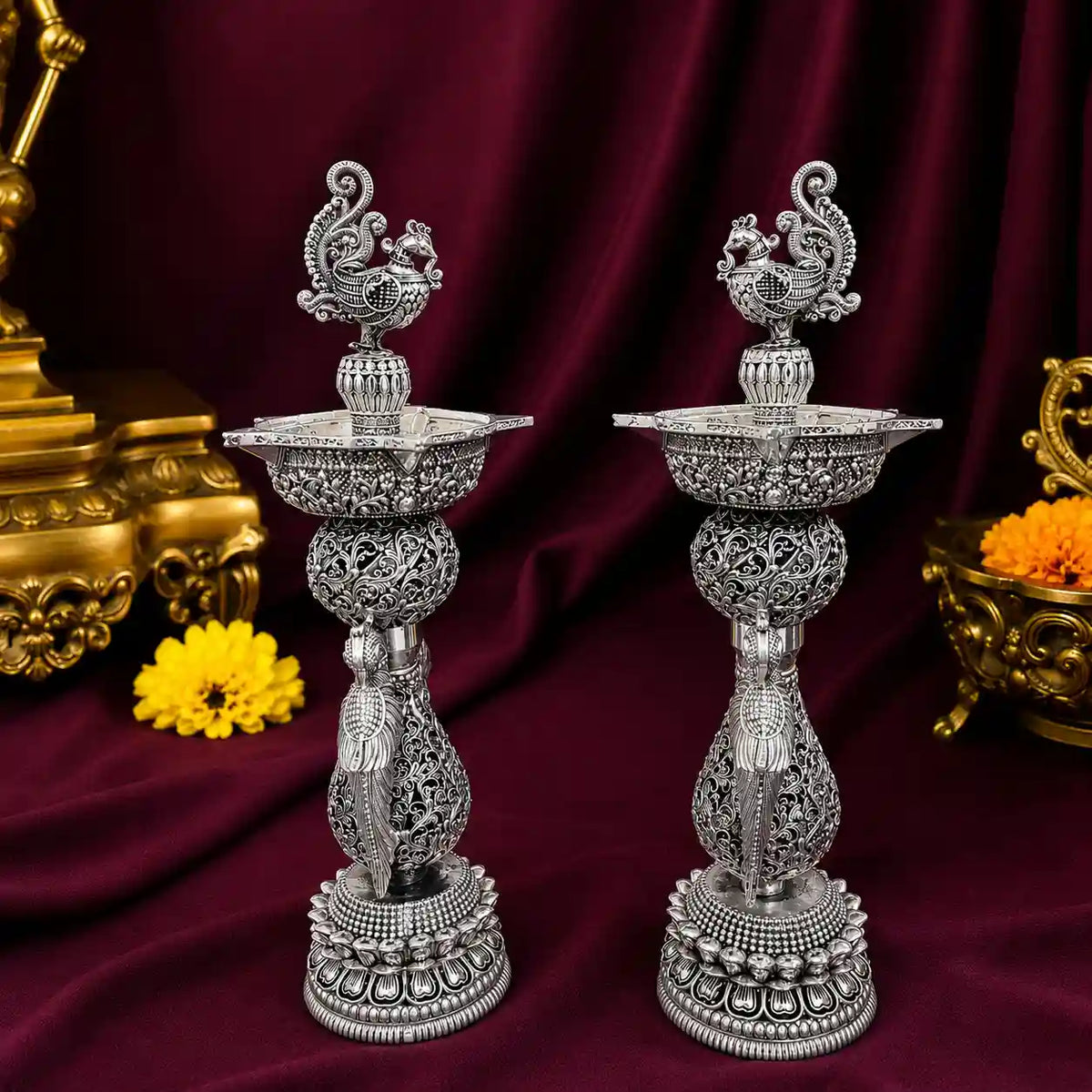 Brass Silver Plated Lightweight Peacock Samai/Lamp Pair Vedansh Craft