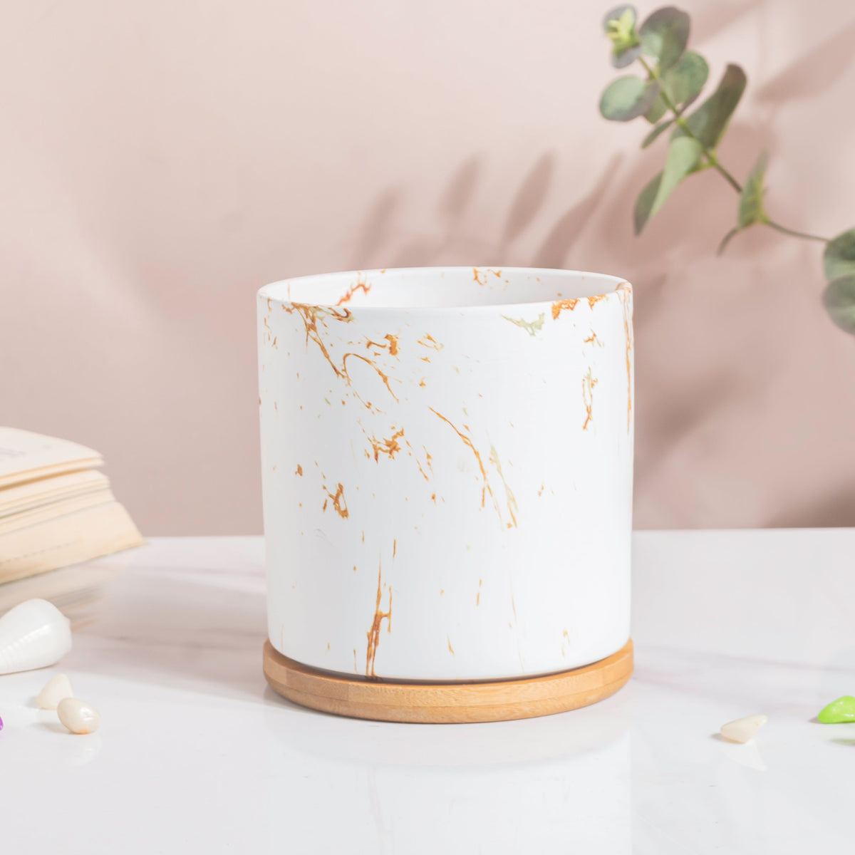 Carrara Brown Streak White Ceramic Planter With Wooden Coaster Nestasia