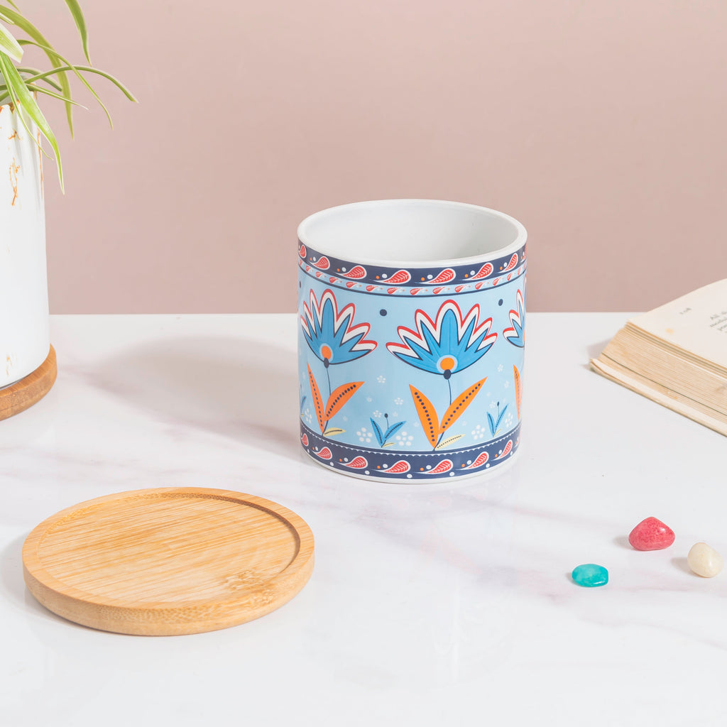 Cerulean Bloom Botanical Planter With Wooden Coaster Nestasia