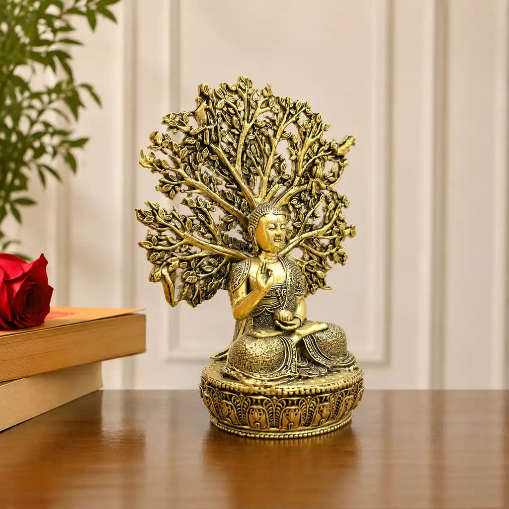 Brass Lightweight Buddha Statue With Tree (6.5 Inch) Vedansh Craft