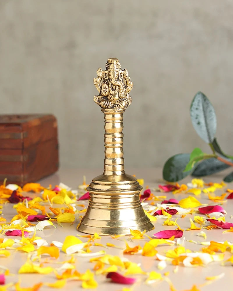 Brass Pooja Bell with Ganesh Sitting on Top for Home Decor