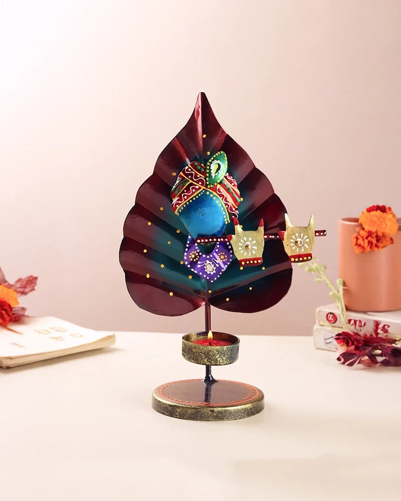 Handcrafted Metal Peepal Leaf Krishna Tealight Holder Showpiece
