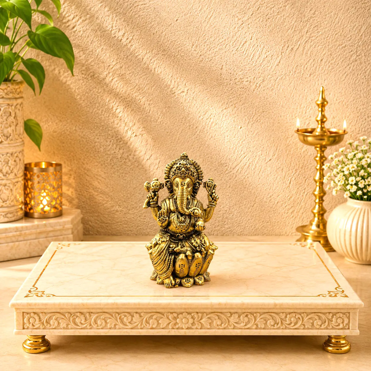 Brass Lightweight Sitting On Louts Ganesha Idol (3.5 Inch) Vedansh Craft