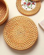 Decorative Rattan Coaster Set of 6 with Storage Holder for Drinks and Home Use
