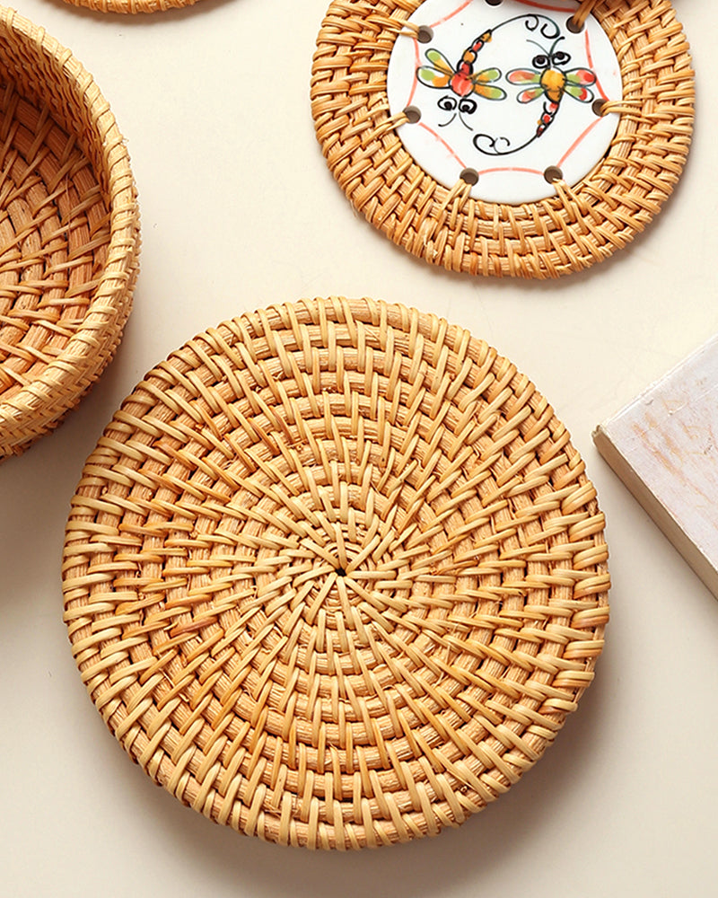 Elegant Set of 6 Rattan Coasters with Storage Box for Home, Office, and Table Decor