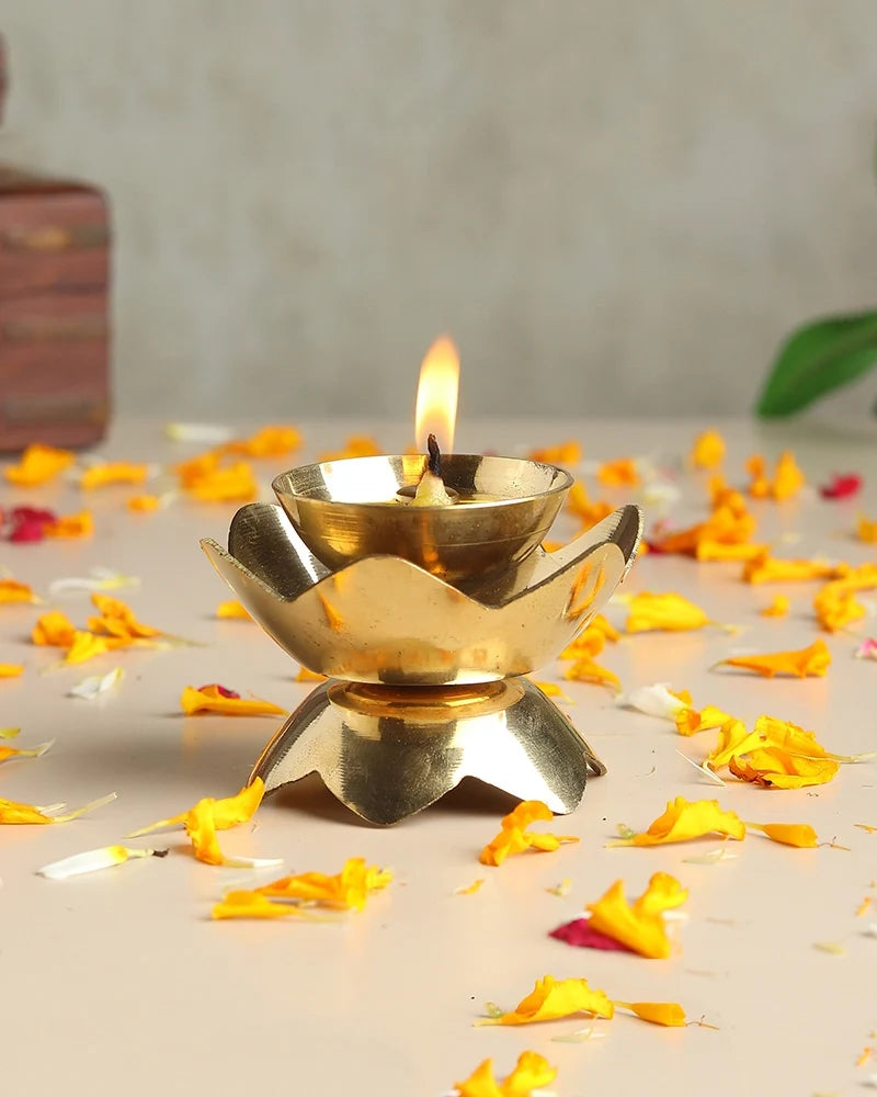 Brass Lotus Diya for Pooja Room & Home Temple Decor (Gold)