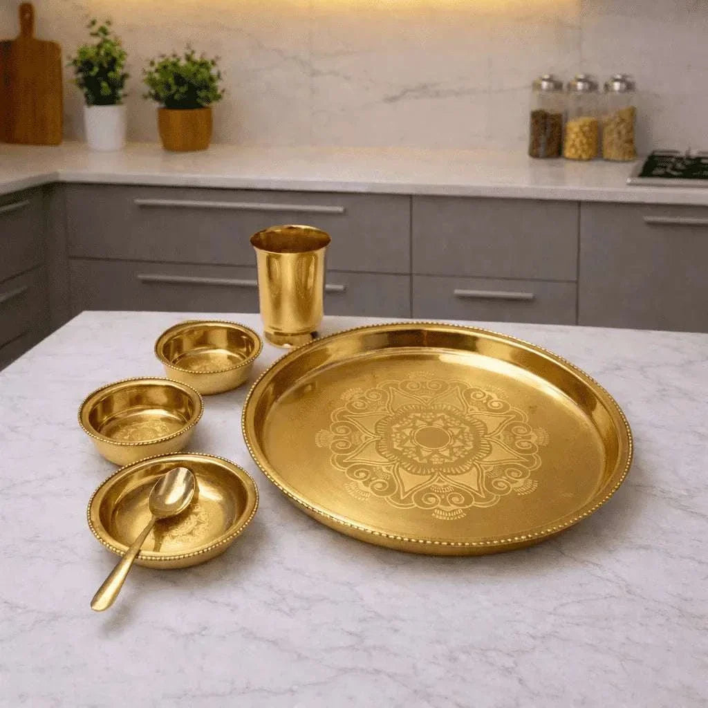 Brass Floral Design Thali/Dinner Set (1.15 Kg) Vedansh Craft
