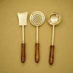 Brass Kitchen Ladles With Wooden Handle Set (14.5 Inch) Vedansh Craft