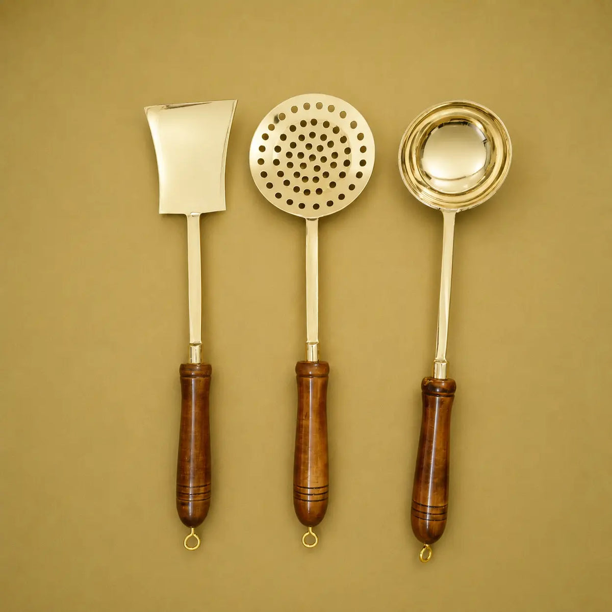Brass Kitchen Ladles With Wooden Handle Set (14.5 Inch) Vedansh Craft