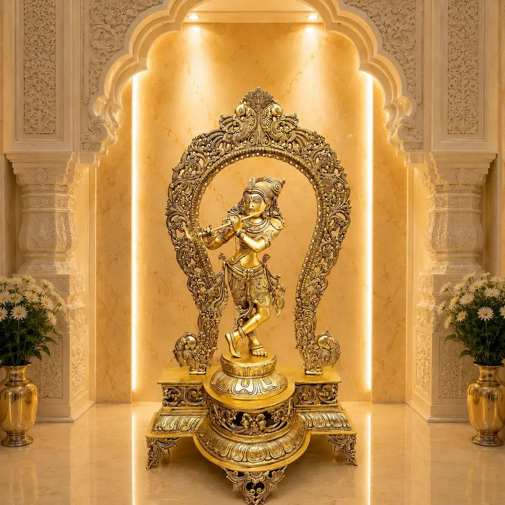 Brass Standing Krishna Idol On Throne / Singhasan (31 Inch) Vedansh Craft