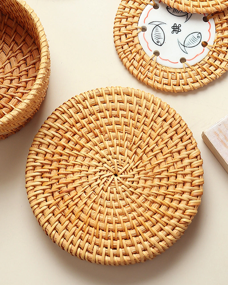 Set of 6 Rattan Coasters with Organizer Box for Tea, Coffee, and Table Decoration