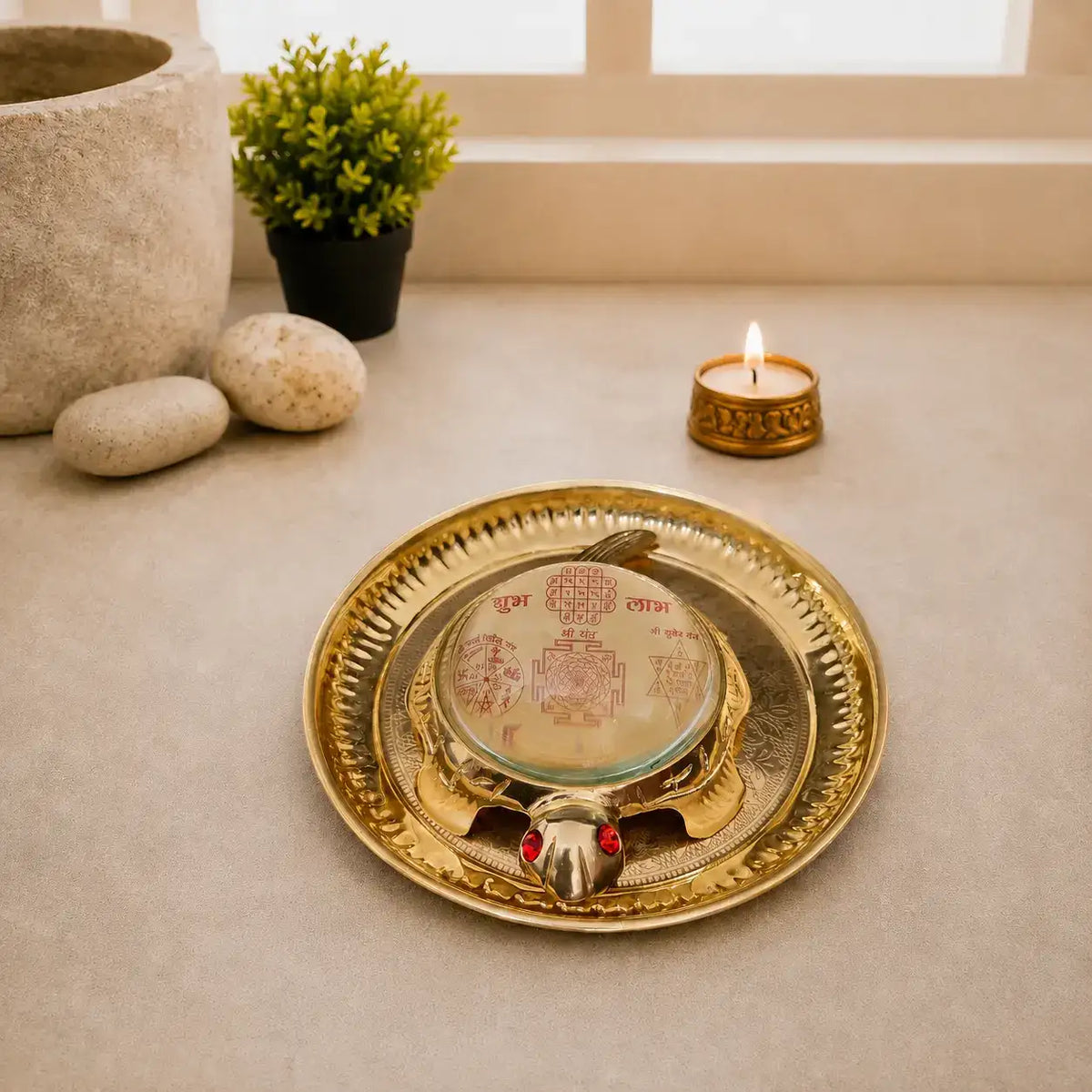 Brass Vastu Glass Shree Yantra Tortoise And Plate With Velvet Box (6 Inch) Vedansh Craft