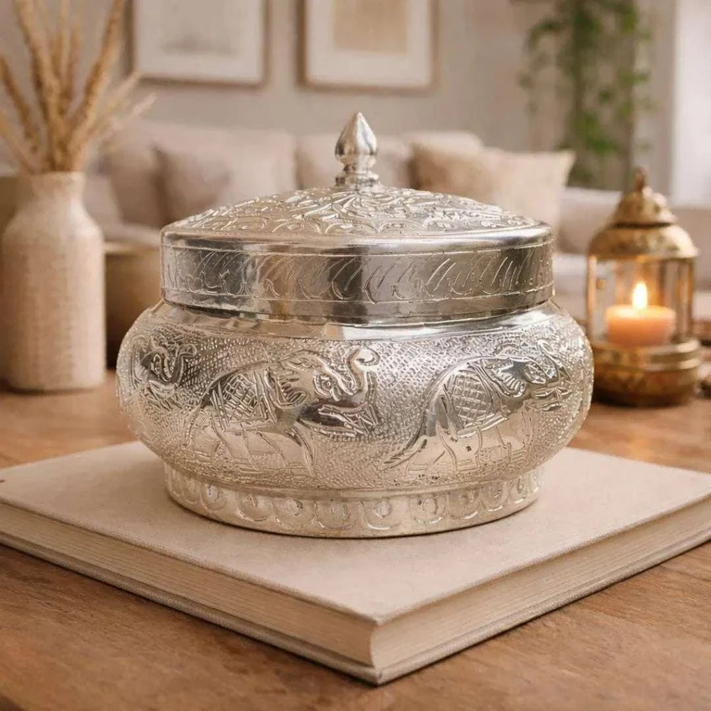 German Silver Storage Container/Supari Box With Lid (3.5 Inch) Vedansh Craft