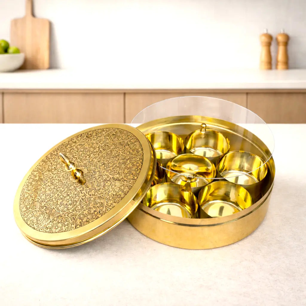 Brass Etched Floral Masala Daani / Spice Box (2.5 Inch) Vedansh Craft