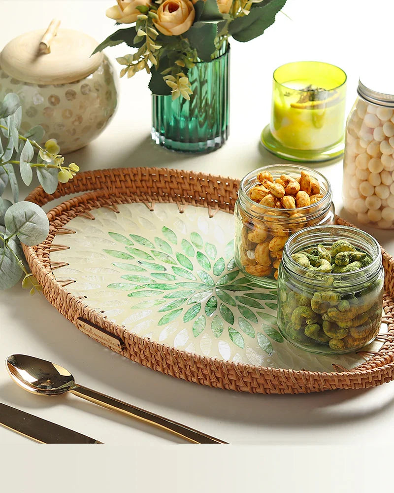 Handwoven Oval Cane Tray with Green Rangoli Mosaic for Decorative and Serving Use