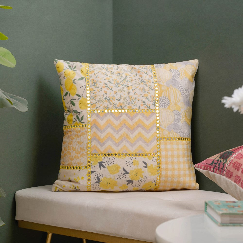 Valencia Velvet Mirrorwork Cushion Cover Yellow 16 x 16 Inch Nestasia