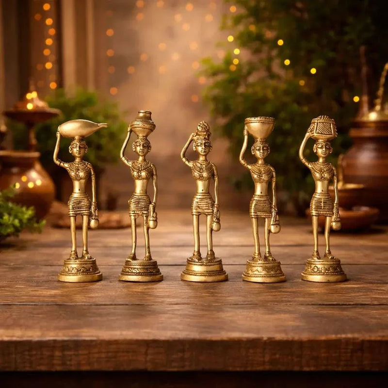Brass Tribal Lady Statue Decor Set Of Five  (7.5 Inch) Vedansh Craft