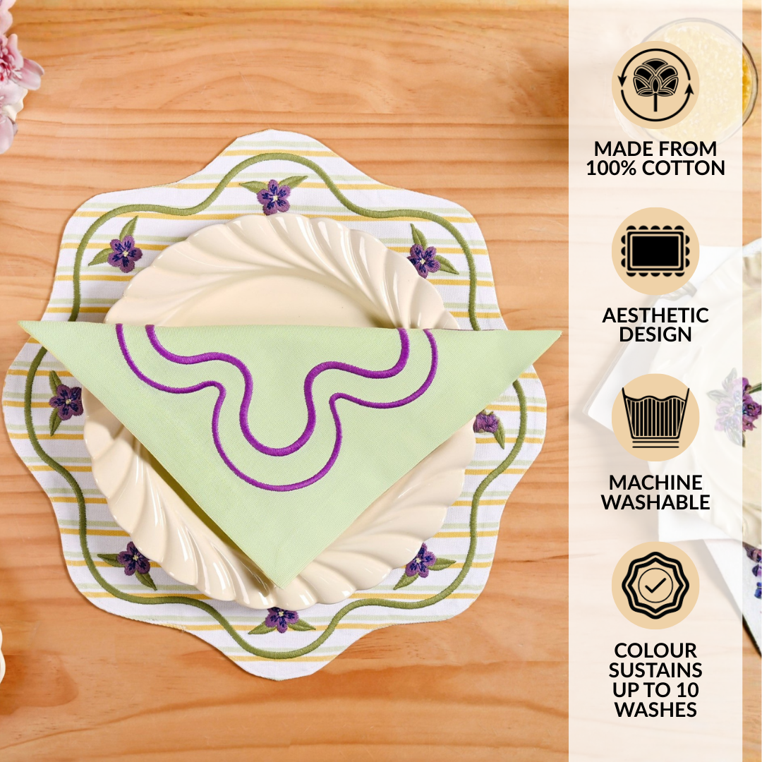 Violet Wave Embroidered Cotton Table Napkin Set Of 6 Nestasia