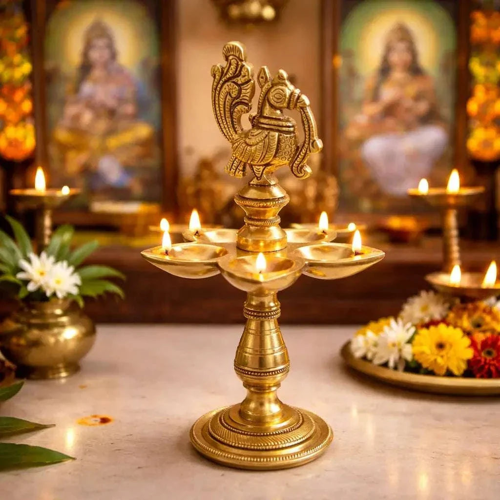 Brass Ethnic Five Petal Peacock Diya / Lamp (7.5 Inch) Vedansh Craft