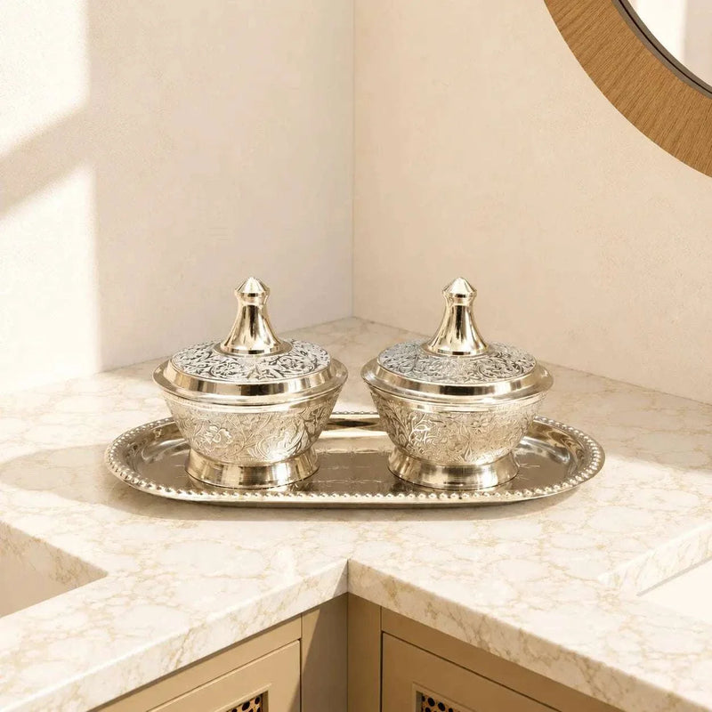 Brass Silver Plated Twin Bowl Set with Lids And Tray (3 Inch) Vedansh Craft
