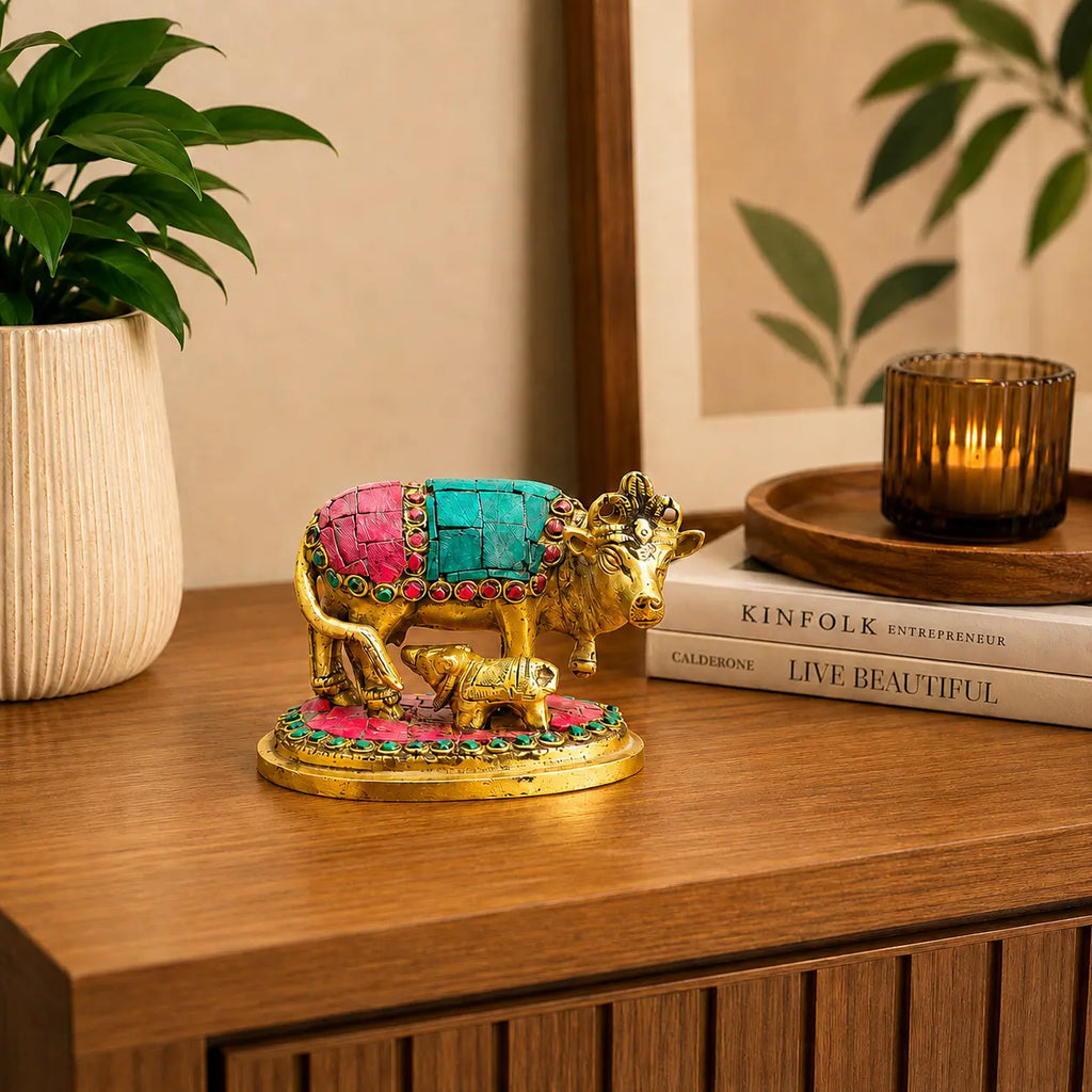 Brass Stone Work Kamdhenu Cow Idol (2.5 Inch) Vedansh Craft