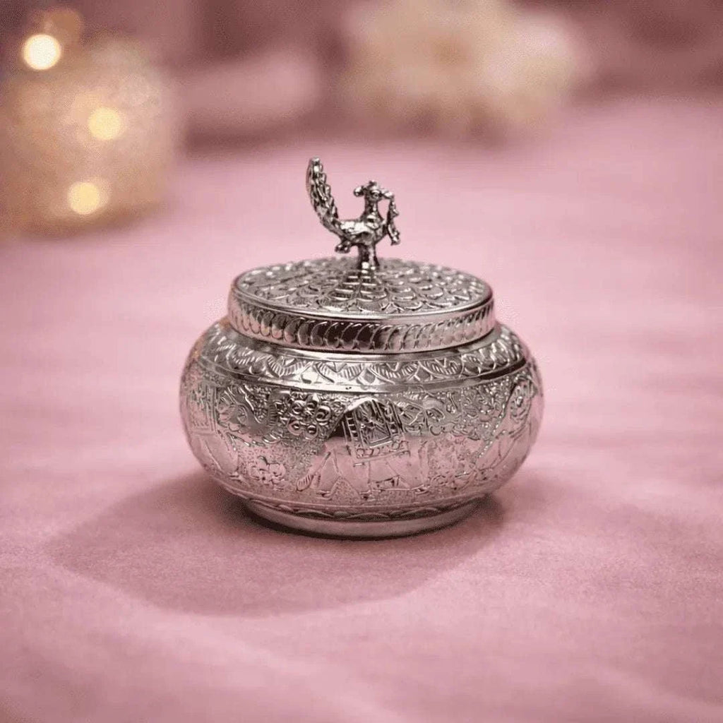 German Silver Storage Container/Supari Box With Lid (4.5 Inch) Vedansh Craft