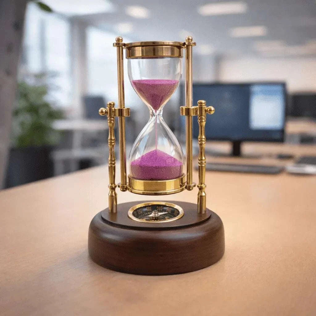 Brass Rotating Sand Clock With Compass And Wooden Stand Vedansh Craft