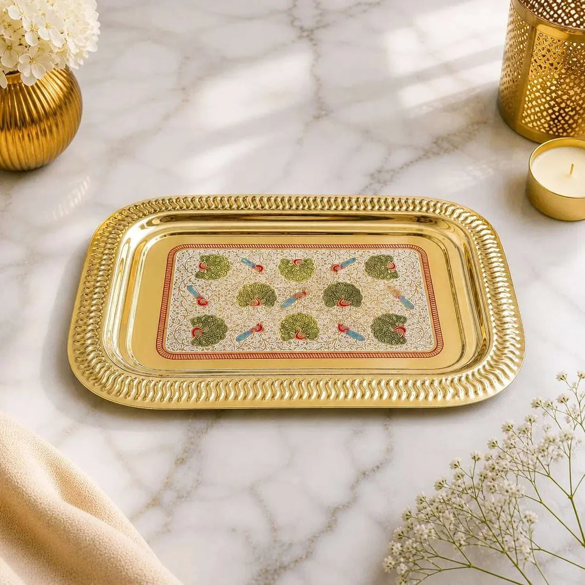 Brass Hand Painted Peacock Serving Tray / Platter Vedansh Craft