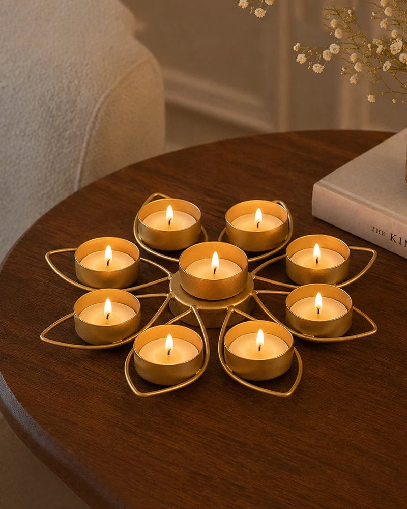 Gold Lotus Flower Tea Light Holder for Living Room and Pooja Room