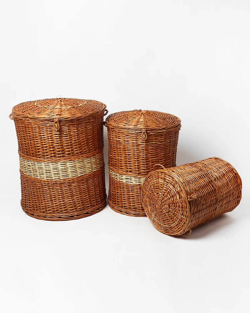 Wicker Laundry Hamper Set of 3 with Lids for Bedroom, Bathroom, and Closet Storage