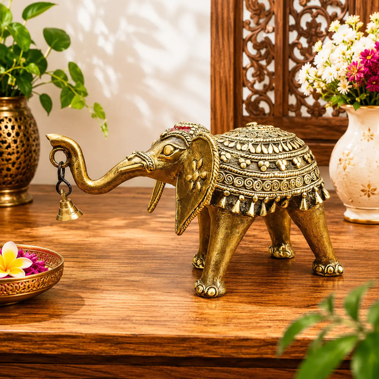 Brass Handcrafted Dhokra Elephant Statue With Bell (5.5 Inch) Vedansh Craft