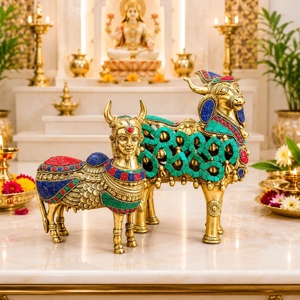 Brass Stone Work Standing Cow Idol Vedansh Craft