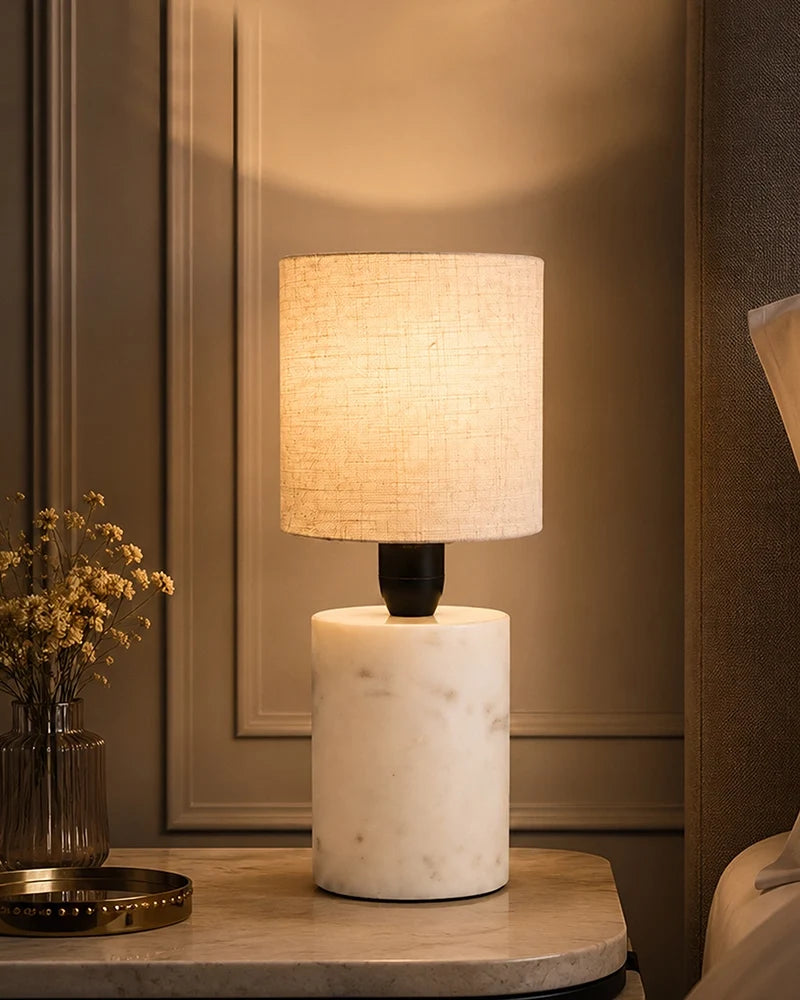 Marble Table Lamp with Linen Shade Warm Ambient Light