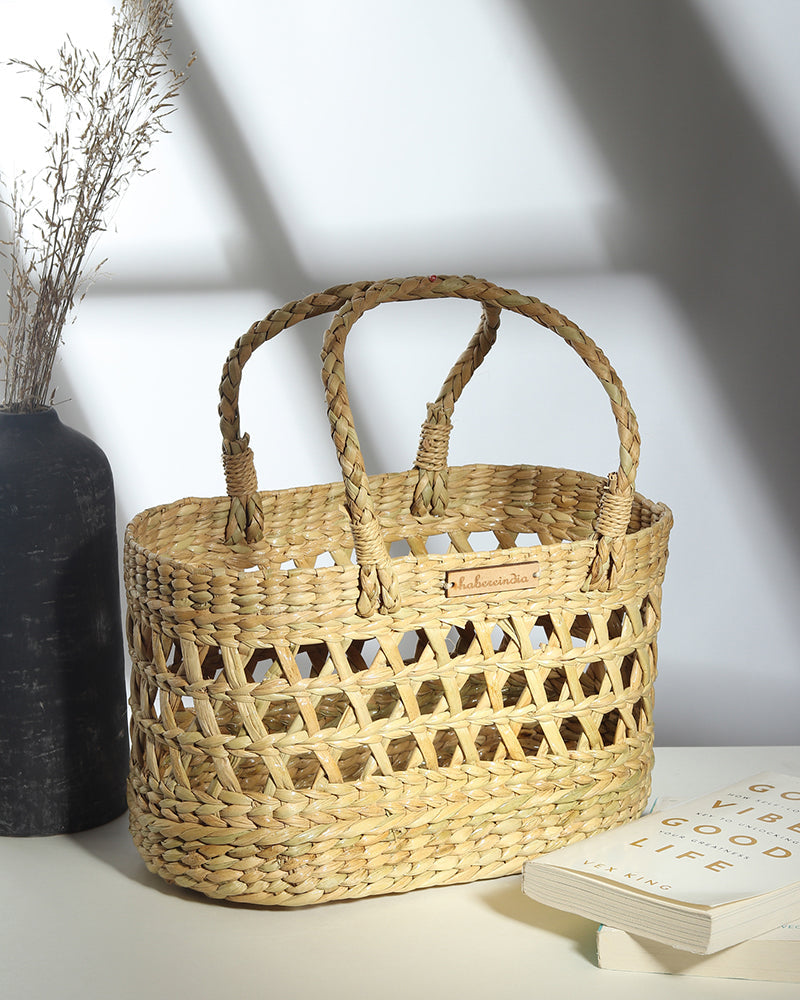 Handwoven Oval Seagrass Fruit Hamper Basket with Jali Design for Kitchen and Dining