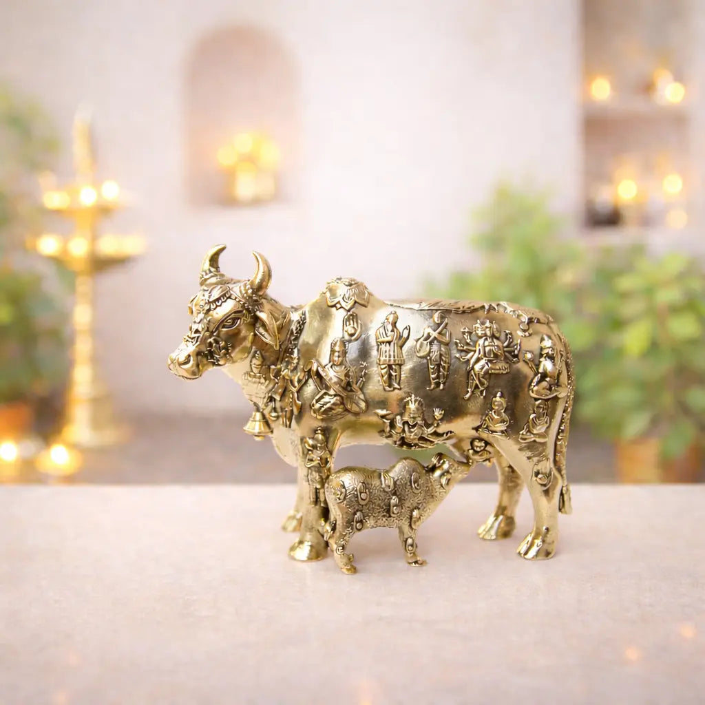Brass Lightweight Kamdhenu Cow With Calf Idol (4 Inch) Vedansh Craft